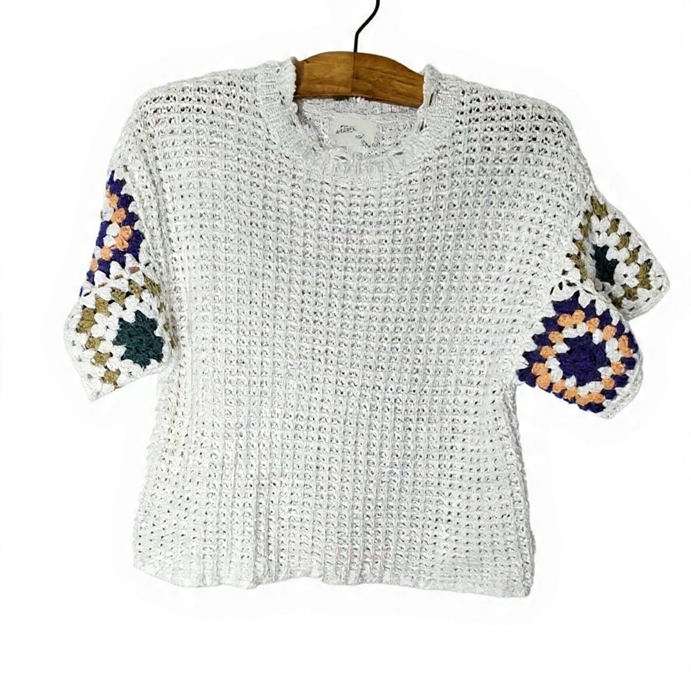 Women's White Crochet Top with Multicolor Accents Boho Cottagecore Soft Girl